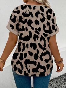 EMERY ROSE Plus Size Women Leopard Print V-Neck Short Sleeve Casual Versatile T-Shirt - Multicolor - View 2