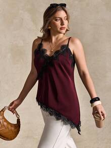 Elegantrix Plus Size Women Urban Casual Lace Asymmetric Hem V-Neck Patchwork Solid Color Cropped Camisole - Burgundy - View 5