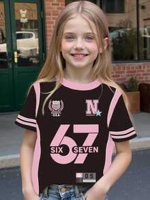 Sparklyn Tween Girls Colorblock Letter Print Loose T-Shirt,Black Pink,Summer,Streetwear,School,Back-To-School,Korean Style,Comfortable,Digit Print 67 - Multicolor - View 3
