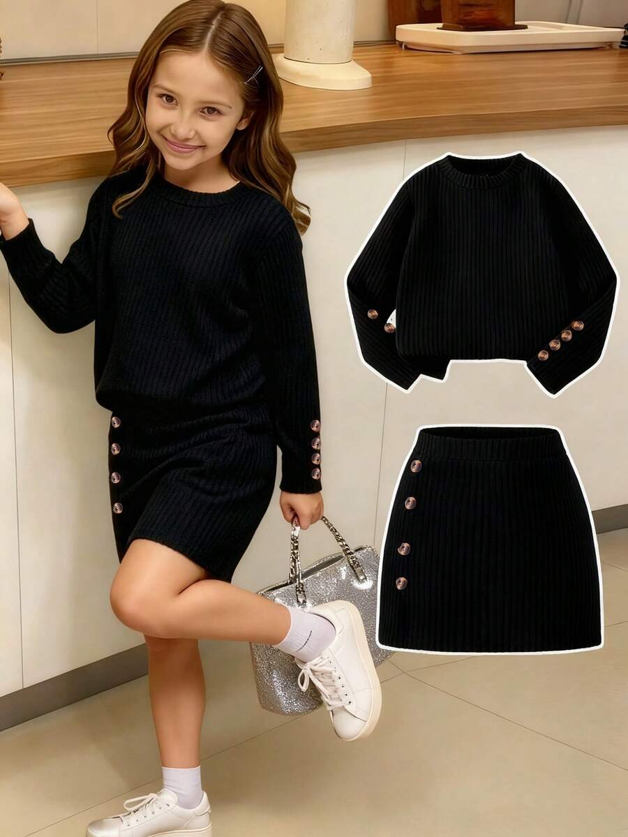 Elladie kids 2pcs/Set Young Girls Pink Textured Long Sleeve T-Shirt And Textured Button Skirt - Black - View 1