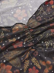 ROMWE Fairycore 可爱性感花卉蝴蝶印花薄纱低胸上衣，适合秋冬季穿着 - 棕色 - 查看 3