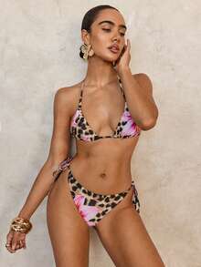 Swim Glamine 2件套女士花卉豹纹性感系带比基尼套装
