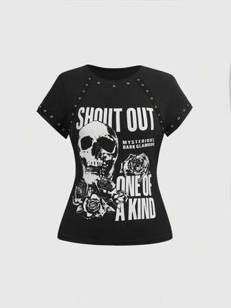 Grunge Punk Plus Size Y2K Punk Metal Decor Skull Print Fitted T-Shirt, Solid Color Versatile