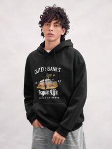 Open Phase 男士印花保暖连帽衫，美式街头风，适合秋冬季穿搭，日常百搭，送给男友/老公的礼物 - 黑色 - 查看 2