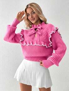 SHEIN Women's Stand Collar Ruffle Hollow Bowknot Decor Casual Versatile Party Autumn/Winter Long Sleeve Sweater - Pink - View 4