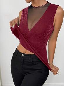 Rafferiza Débardeur moulant en maille brillante et patchwork pour femmes, élégant pour les fêtes en hiver - Rouge foncé - Voir 3