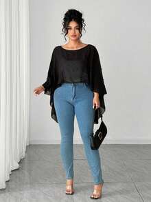 Elenzga Plus Size Women's Minimalist Black Semi-Sheer Chiffon Bubble Decor Blouse Plus Size Black Tops Black See Through Top Sheer Top Plus Size - Black - View 4