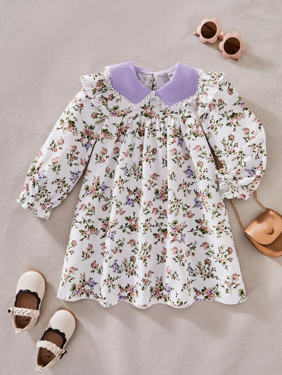 SHEIN Young Girl' Floral Elegant Cute Peter Pan Collar Long Sleeve Dress - Multicolor - View 1