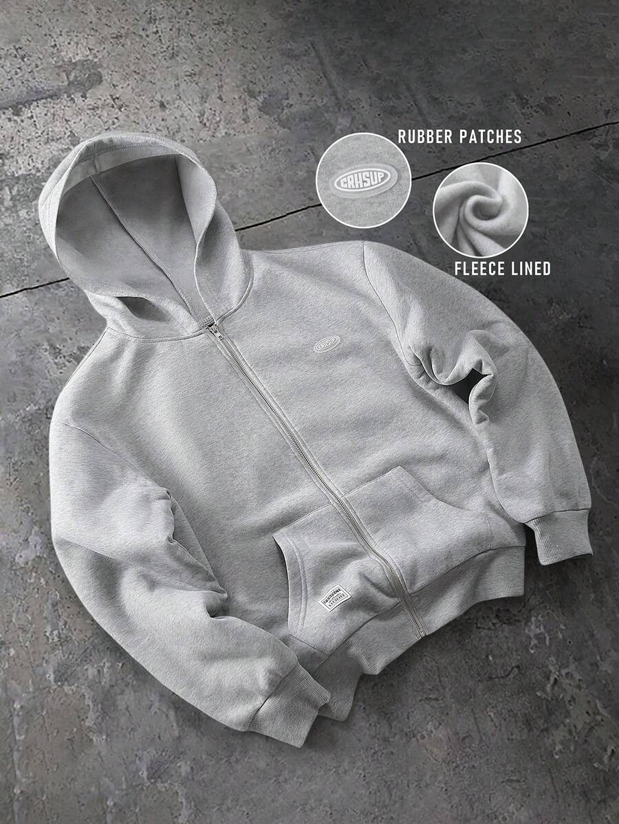 Manfinity Homme Men's Letter Graphic Zip-Up Thermal Lined Hoodie Sweatshirt - Grey - View 1