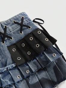 ROMWE J-Fashion 女士复古性感街头风PU拼接百褶裙，系带牛仔迷你裙 - 藍色 - 查看 3