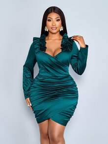 SOLERSUN Plus Size Women's Elegant Solid Color Heart Shape Collar Backless Frill Ruched Satin Party Bodycon Dress,Suitable For Christmas Party Vacation & Dating,Fall/Winter,V-Neck Waist Bag Buttocks Sexy Dress Mini Dress Long Sleeved Shoulder Mushroom Edge Decoration Irregular Hem Pleats,Elegant Dress For Women,Christmas,Formal Dress,Party Dress,Sexy,Wedding Guest Dress,Green - Green - View 8