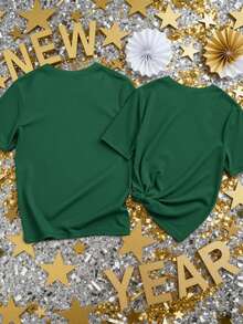 Manfinity Homme 1件男士休闲、日常、通勤、聚会、节日2026新年图案短袖T恤，男女通用 - 墨綠色 - 查看 7