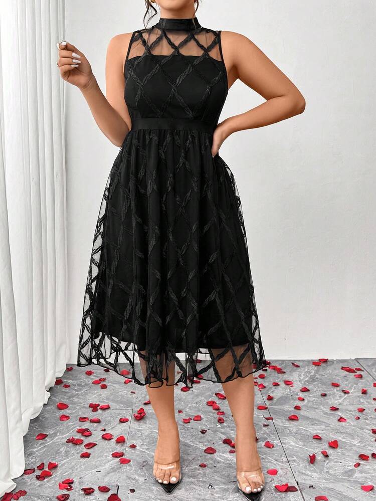Elenzga Vestido elegante sin mangas de cuello redondo con cintura de cuadrícula y corte holgado en línea A para mujer de talla grande, atuendo de San Valentín para mujer, ropa de San Valentín de talla grande, vestido de San Valentín, vestido de fiesta elegante negro, vestido elegante de fiesta, vestido curvo negro de talla grande, vestido elegante de talla grande, vestido de cóctel - Negro - Añade 3