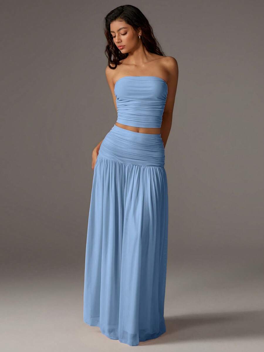 SHEIN PETITE Bộ 2 món áo bandeau lưới trơn màu và chân váy maxi cho nữ - Màu xanh lam - Xem 1