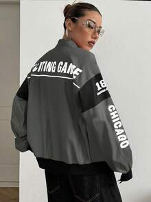 SHEIN PETITE Letter Print Contrast Color Drop Shoulder Bomber Jacket For New Year Clothes - Dark Grey - View 2