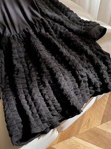 1pc Girls' Spring/Autumn High Collar Black Textured Puff Sleeve Waist Fitted Knit Dress, Elegant Style For Party, School, Daily Wear - Black - View 5