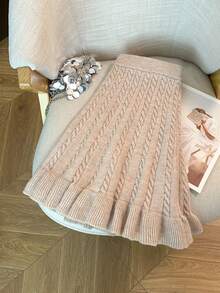 GlowEve CURVE Women's Autumn New Solid Color Rope Floral Pattern Classic Design Casual Girly Everyday Versatile Loose Hem Knit Sweater Skirt - Apricot - View 8