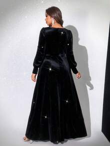 Viva Relle Plus Size Women's Elegant Romantic Party Dress, V-Neck Long Sleeve Velvet Sequin Embellished Fit & Flare Maxi Dress For New Year, Christmas, Holiday Ball, Red - Black - View 2