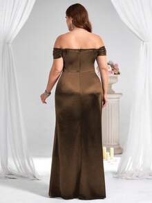 Coutiva Plus Size Women's Off-Shoulder Shiny Elegant Formal Evening Gown Dress - Brown - View 2
