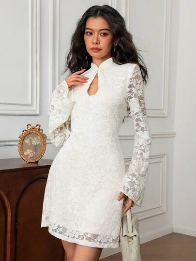 EastFlair Women's Lace Patchwork Cheongsam Collar Hollow Out Elegant Long Sleeve Mini Dress,White Dresses For Women