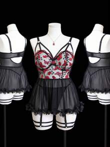 SHEIN 大码浪漫花卉系列性感内衣连衣裙配丁字裤 4 件套 - 紅色 - 查看 6
