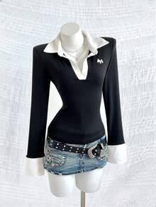 Noixe Women's Fashionable Color Block Patchwork Top, Autumn - Black - View 4