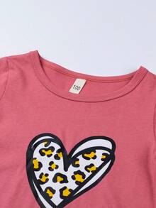 SHEIN Young Girl Leopard & Heart Print Tee Dress - Hot Pink - View 2
