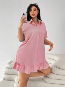 SHEIN EZwear Đầm suông rộng tay ngắn kẻ sọc xanh navy và trắng, viền bèo nhún, cỡ lớn, thích hợp mặc khi đi làm, trở lại trường, thường ngày, hẹn hò, đi chơi - Đỏ và trắng - Xem 5