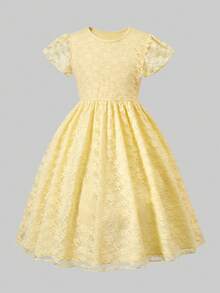 Tween Girls Sweet Style Yellow Lace A-Line Cap Sleeve Dress, Lightweight For Spring/Summer, Suitable For Holidays And Everyday Wear - Yellow - View 2