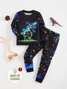 2 piezas Conjunto de pijama cómodo y ajustado para niños pequeños con top de manga larga con cuello redondo y estampado láser digital de dinosaurio lindo y leggings con estampado completo de dinosaurio, para primavera/verano