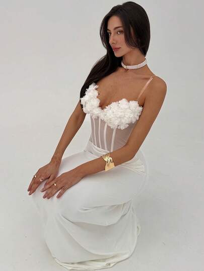 Aloruh Valentine's Day White Party Sexy Banquet Strapless 3D Floral Fishbone Sheer Ruched Dress For Women