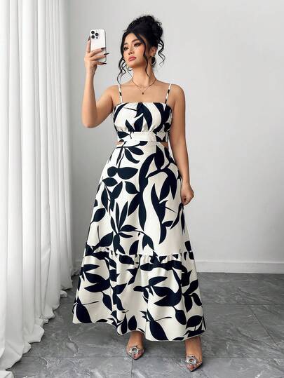 Elenzga Elegant klänning med spaghettiband i plusstorlek för kvinnor, mångsidig för vardag, vardag, semester, smickrande