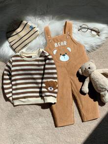 两件套婴儿男女童条纹长袖卫衣和灯芯绒小熊连体衣套装，舒适休闲可爱小熊图案基础款卫衣和连体衣，适合室内、室外、日常、运动、玩耍、派对、拍照、节日、万圣节、圣诞节、新年等秋冬季穿着。 - 彩色 - 查看 2