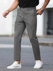 Calvornis Solid Color Casual Pants With Pockets And Belt Loops, Versatile For Daily Wear - Grey - View 7