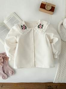 Blossori Young Girls' French Elegant Embroidered Collar Button-Front Long Sleeve Blouse - White - View 6