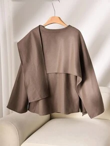 CosyJoli Plus Size Women Casual Loose Solid Color Poncho Style Jacket In Fall/Winter - Brown - View 2