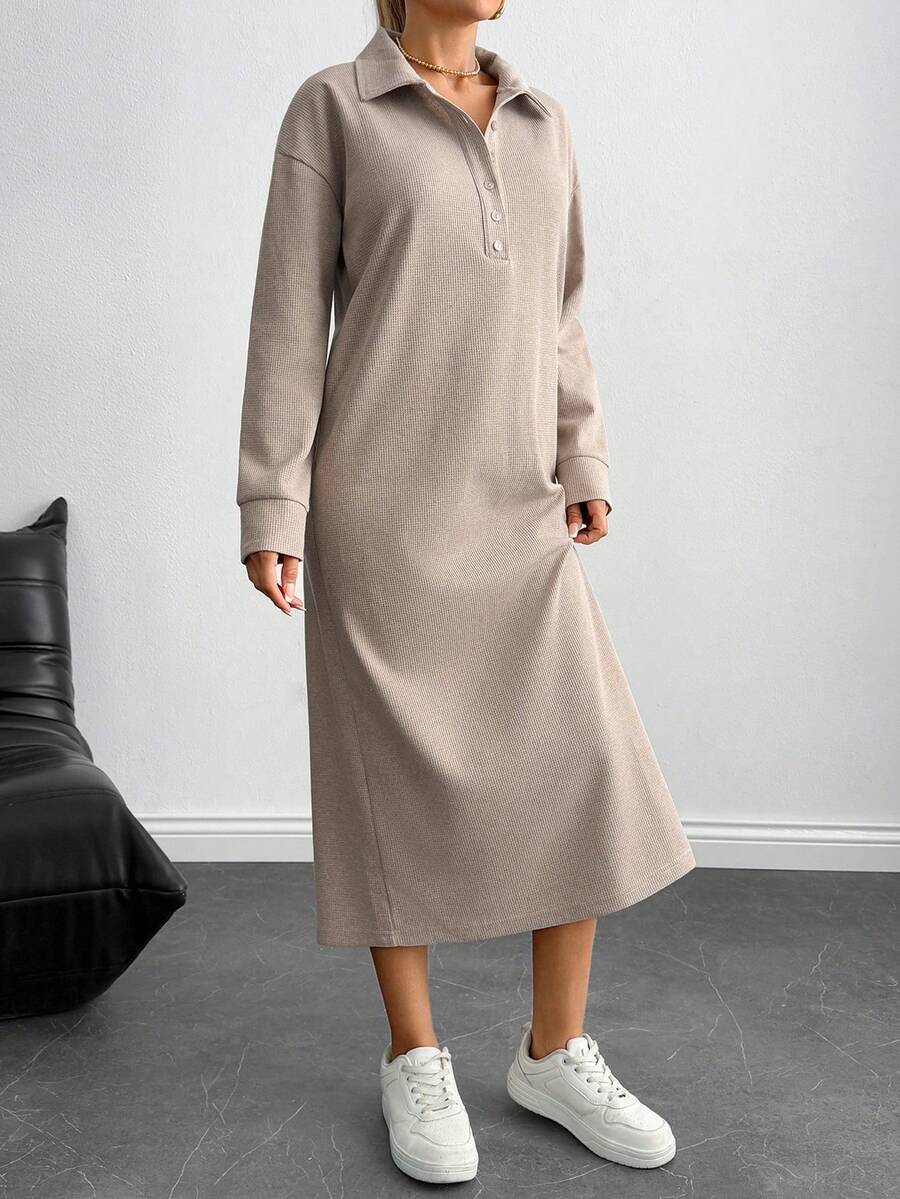 EURMUSE Women Button Detailed Long Casual Dress - Beige - View 1