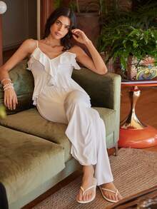 Lullawish 波西米亚风休闲优雅荷叶边腰部睡衣套装，法式宽松风格，适合户外穿着，女士睡衣套装 - 白色 - 查看 3