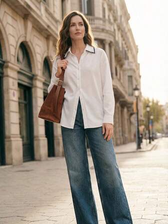 Écloséra Women's Casual Loose Long Sleeve Shirt, Contrast Collar, Simple & Versatile For Everyday Wear, Autumn/Winter