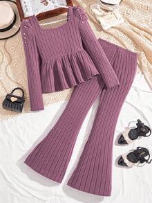 Sparklyn 2pcs/Set Girls Elegant Beaded Knit Ribbed Fuzzy Crew Neck Puff Sleeve Top And Simple Knit Pants Casual Outfit, Autumn/Winter - Violet Purple - View 2