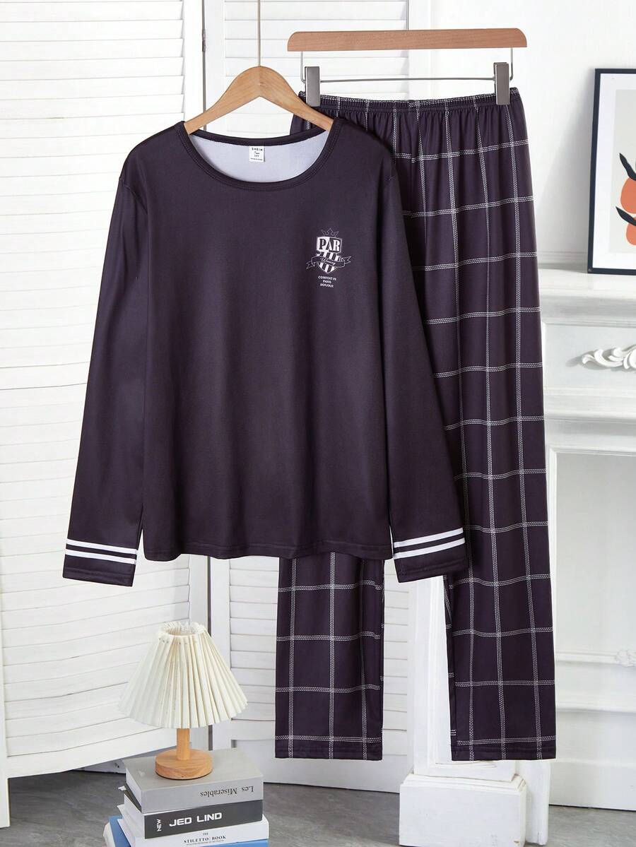 2pcs/Set Teenage Boys' Grey Tiger Print Long Sleeve Top And Pants Casual Loungewear Set - Black - View 1