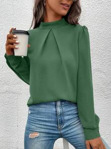 EMERY ROSE Solid Color Regular Shoulder Long Sleeve Loose Stand Collar Elegant Fashion Versatile Blouse - Green - View 3
