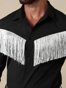 Manfinity Nomadique Men's Western Style Long Sleeve Single-Breasted Casual Fringe Shirt Men Black And White Shirt Long Sleeves Western Men Shirt Mens Fringe Mens Western Tops - Black - View 5