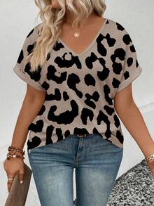 EMERY ROSE Plus Size Women Leopard Print V-Neck Short Sleeve Casual Versatile T-Shirt - Multicolor - View 4