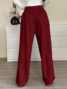 SHEIN EZwear 加大码红色抽绳腰休闲宽松阔腿运动裤 - 紅色 - 查看 2