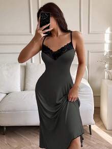 SHEIN Lace Trim Soft & Comfortable Women's Long Nightgown Sexy Sleep Dress Long Night Dress Long Lingerie Dress Lounge Dresses - Dark Grey - View 5