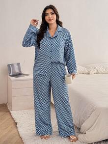 Dazy Plus 大码女式宽松格子翻领上衣和裤子睡衣套装，时尚家居服，适合春秋季穿着 - 寶藍色 - 查看 4