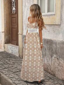 Brillora 女士全印花蕾丝拼接度假吊带连衣裙 - 卡其色 - 查看 4