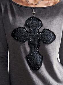 Bohemela Camiseta Feminina Ajustada de Manga Longa com Gráfico de Strass, Decote Barco, Tricô Patchwork Boho Casual