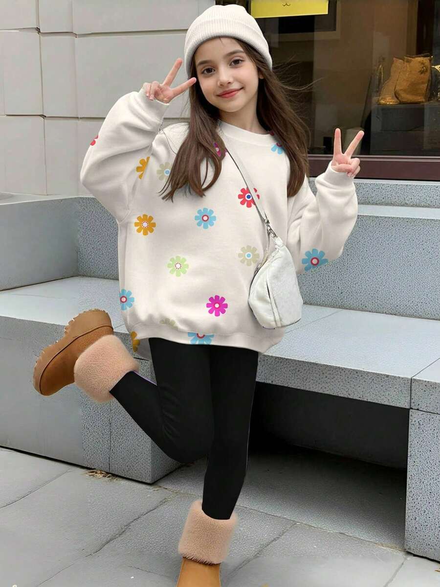 SHEIN Leap Crew 2 件套青少年女孩休闲花卉印花圆领长袖运动衫和紧身裤套装,适合秋冬季 - 彩色 - 查看 1